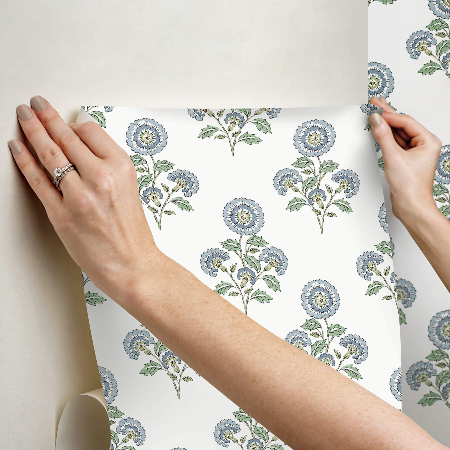 flourish-block-print-blue-and-green-multi-peel-and-stick-wallpaper-york-wallcoverings-sss6312 - York Wallcoverings Wallpaper