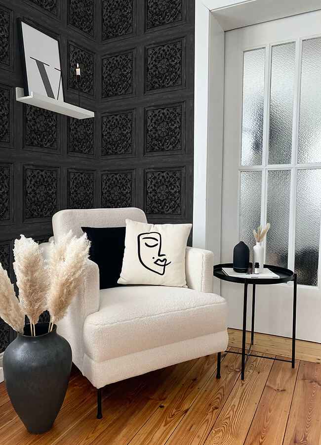 Carved Floral Black Peel and Stick Wallpaper - York Wallcoverings - NHS6178 - York Wallcoverings Wallpaper