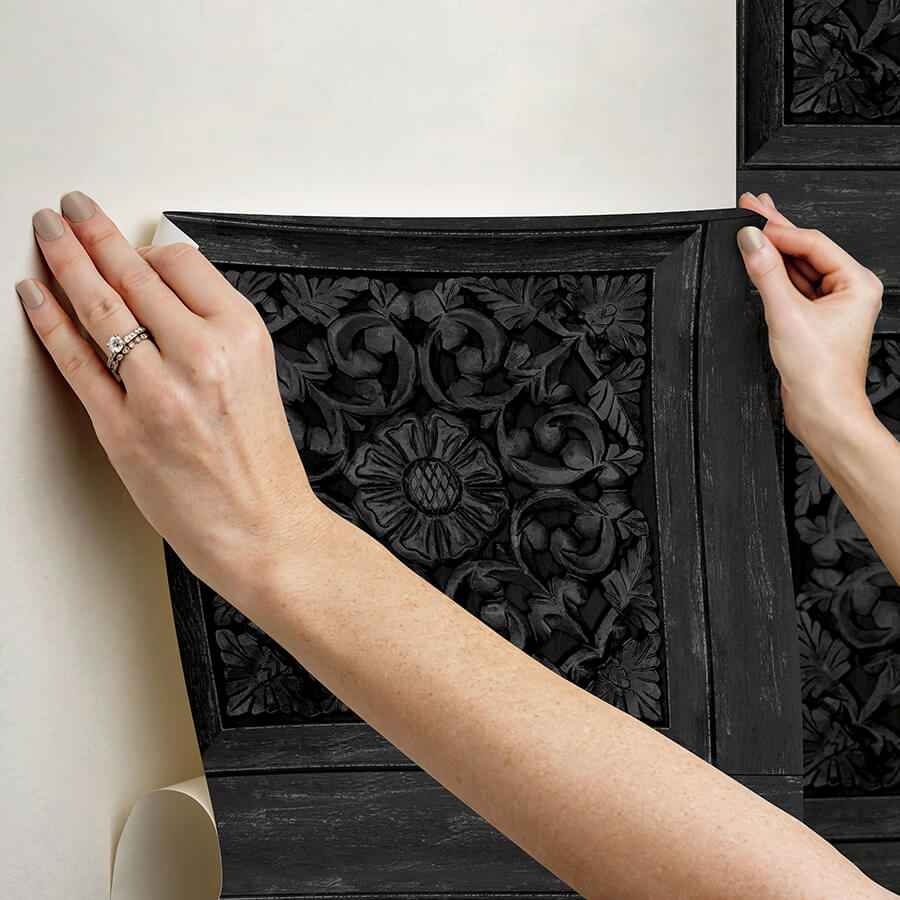 Carved Floral Black Peel and Stick Wallpaper - York Wallcoverings - NHS6178 - York Wallcoverings Wallpaper