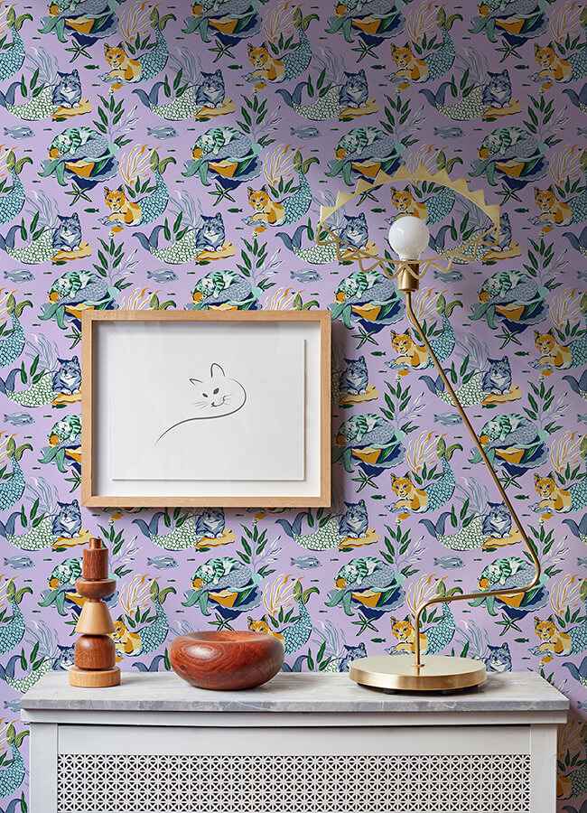 Meowing Mermaids Lavender Peel and Stick Wallpaper - York Wallcoverings - PFS6392 - York Wallcoverings Wallpaper