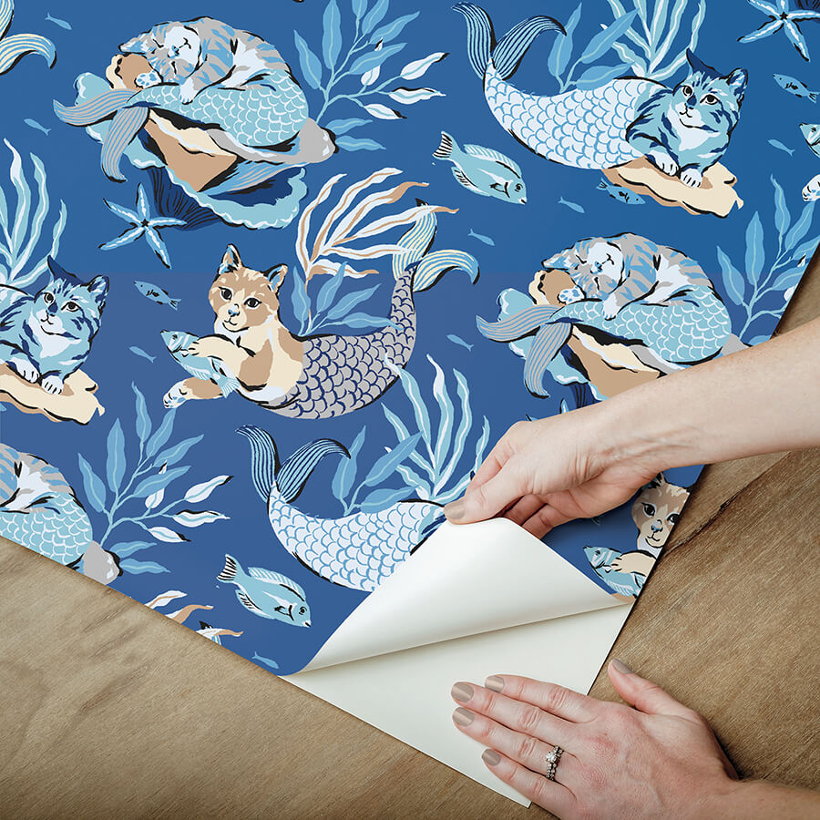 meowing-mermaids-blue-peel-and-stick-wallpaper-york-wallcoverings-pfs6393 - York Wallcoverings Wallpaper