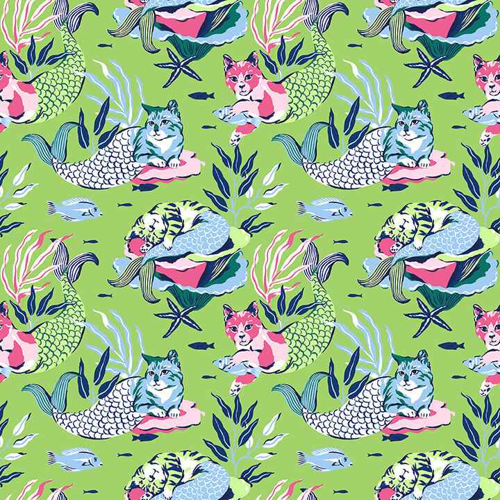 Meowing Mermaids Lime Green Peel and Stick Wallpaper - York Wallcoverings - PFS6394