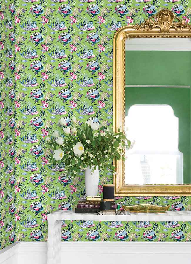 Meowing Mermaids Lime Green Peel and Stick Wallpaper - York Wallcoverings - PFS6394 - York Wallcoverings Wallpaper