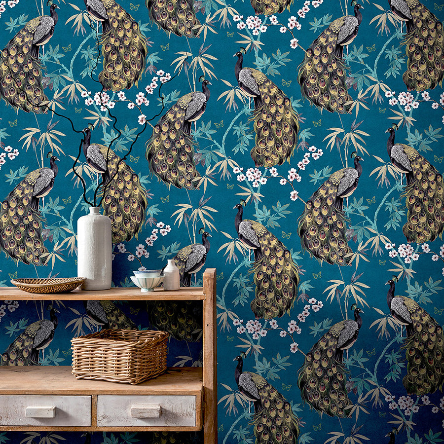 takara-teal-opulent-peacock-wallpaper-york-wallcoverings-ah692505 - York Wallcoverings Wallpaper