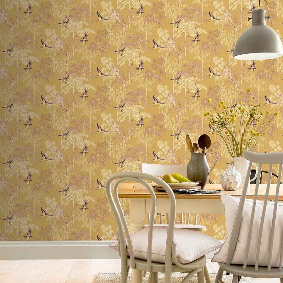Asuka Yellow Sparrow Forest Wallpaper - York Wallcoverings - AH908002 - York Wallcoverings Wallpaper