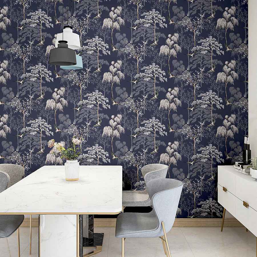 Asuka Blue Sparrow Forest Wallpaper - York Wallcoverings - AH908106 - York Wallcoverings Wallpaper
