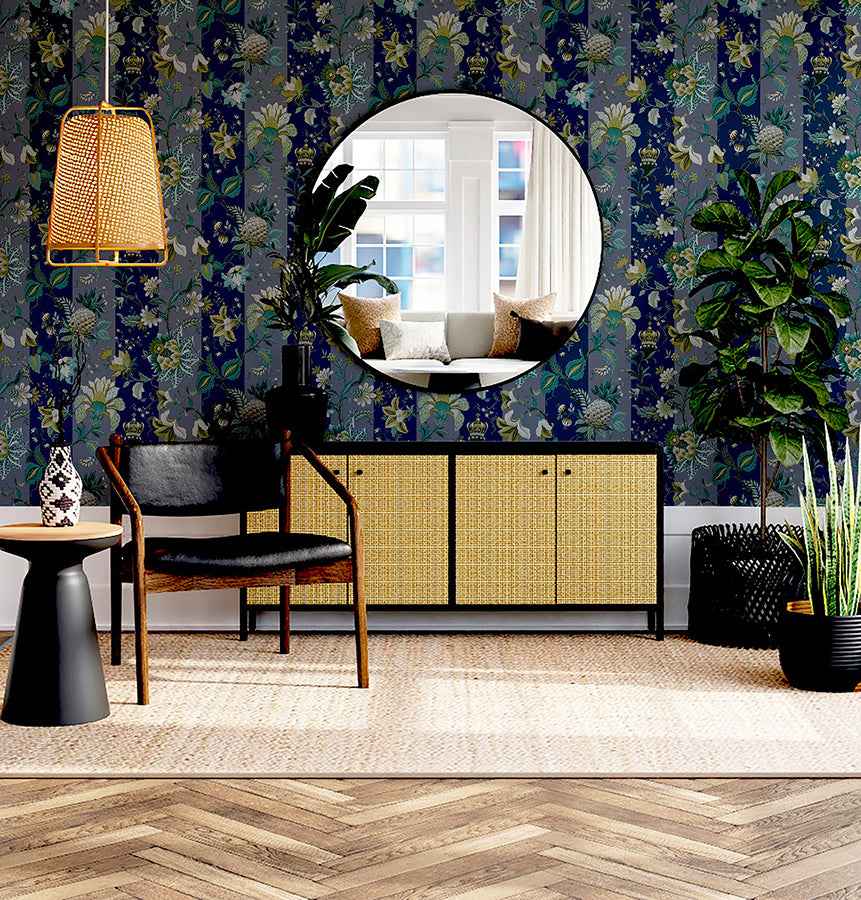 Cornelia Navy Floral Stripe Wallpaper - York Wallcoverings - AH922801 - York Wallcoverings Wallpaper