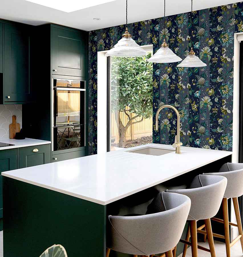 Cornelia Navy Floral Stripe Wallpaper - York Wallcoverings - AH922801 - York Wallcoverings Wallpaper