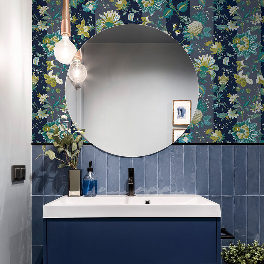 cornelia-navy-floral-stripe-wallpaper-york-wallcoverings-ah922801 - York Wallcoverings Wallpaper