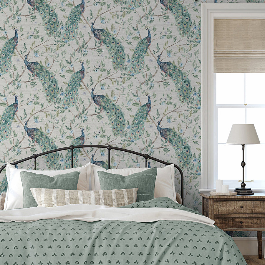 keeka-blue-peacocks-wallpaper-york-wallcoverings-ah923708 - York Wallcoverings Wallpaper