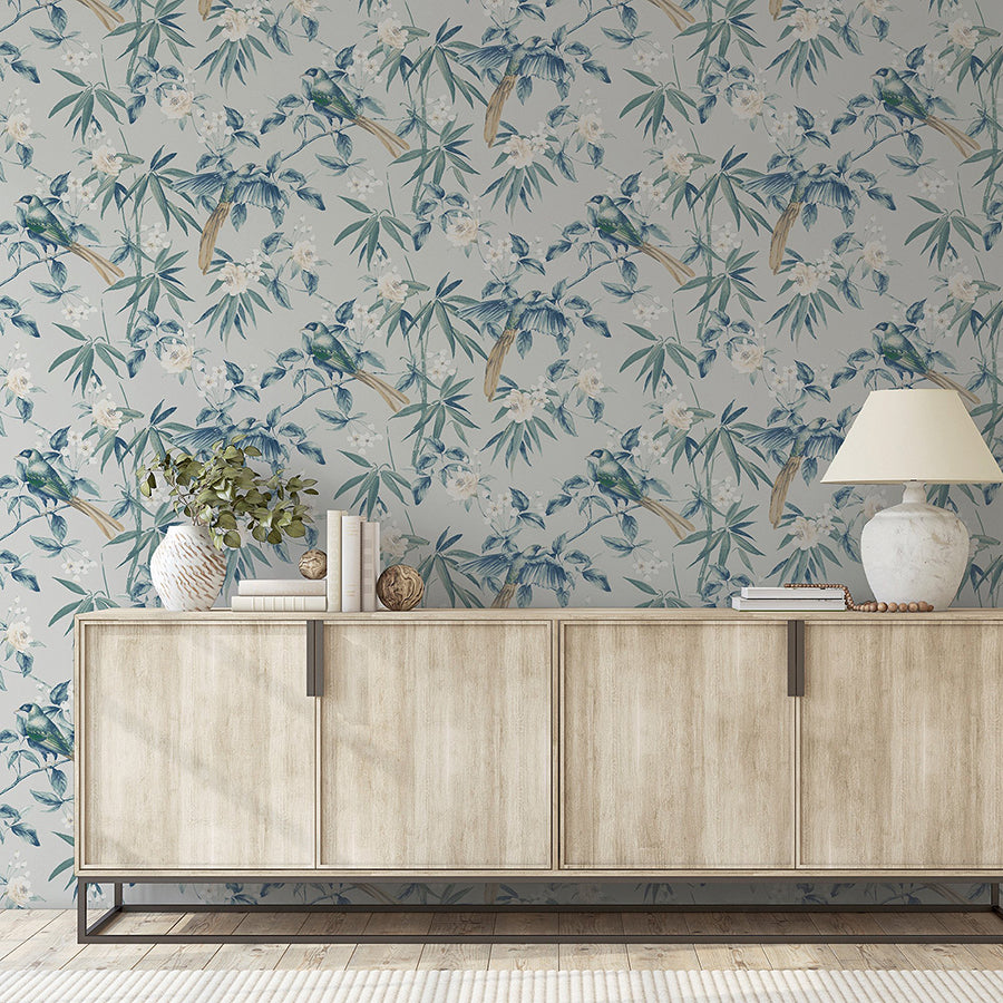 suzume-teal-birds-and-blooms-wallpaper-york-wallcoverings-ah924500 - York Wallcoverings Wallpaper