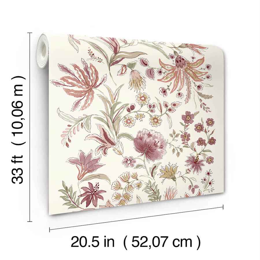 Teonna Raspberry Floral Stripe Wallpaper - York Wallcoverings - 4147-27397