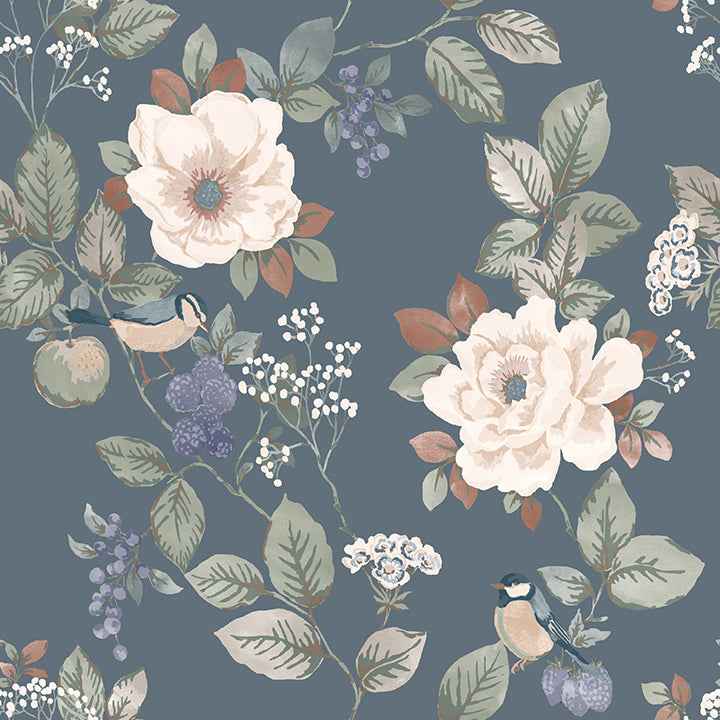 Bramble Blue Floral Wallpaper - York Wallcoverings - BG2300