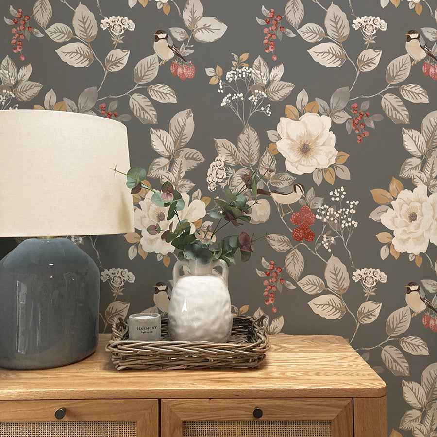 Bramble Charcoal Floral Wallpaper - York Wallcoverings - BG2303 - York Wallcoverings Wallpaper