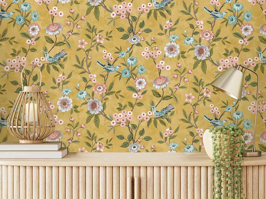 Elspeth Mustard Floral Trail Wallpaper - York Wallcoverings - FD43446 - York Wallcoverings Wallpaper