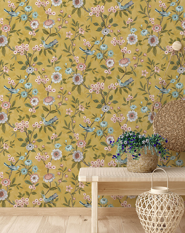 elspeth-mustard-floral-trail-wallpaper-york-wallcoverings-fd43446 - York Wallcoverings Wallpaper