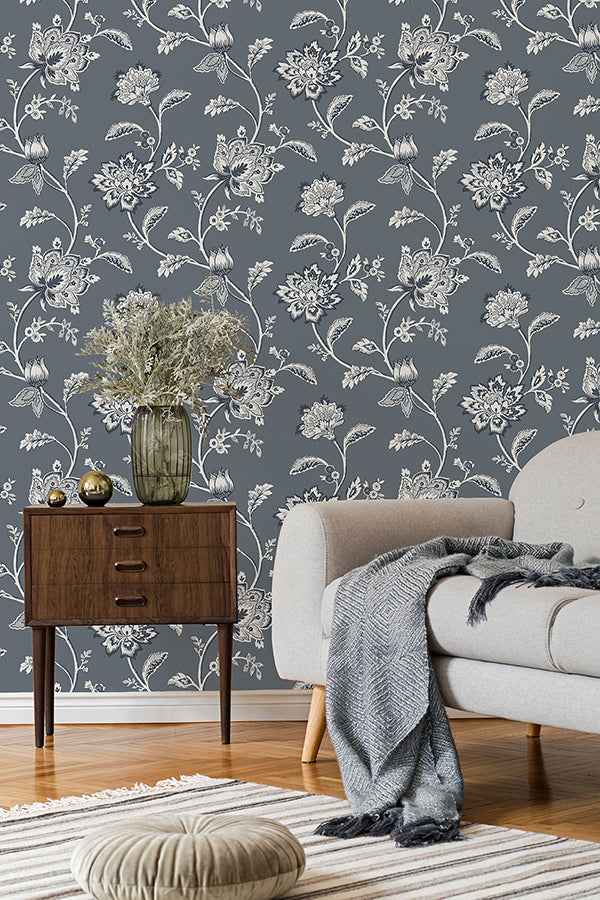 Juliette Blue Jacobean Wallpaper - York Wallcoverings - FD43453 - York Wallcoverings Wallpaper