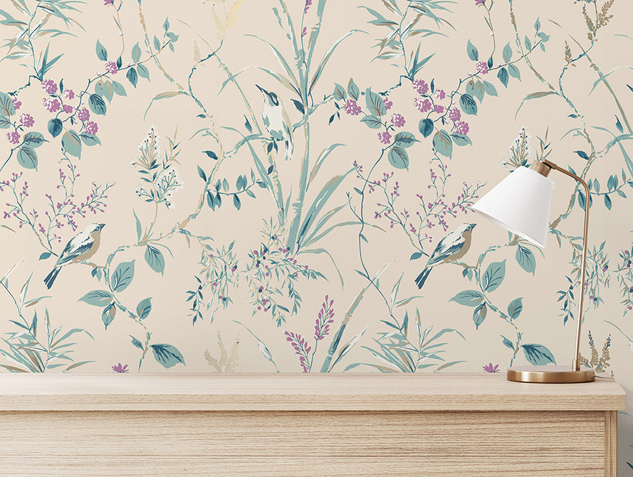 mariko-teal-botanical-wallpaper-york-wallcoverings-m1554 - York Wallpaper Wallpaper