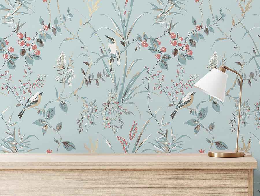 Mariko Light Blue Botanical Wallpaper - York Wallcoverings - M1856 - York Wallcoverings Wallpaper