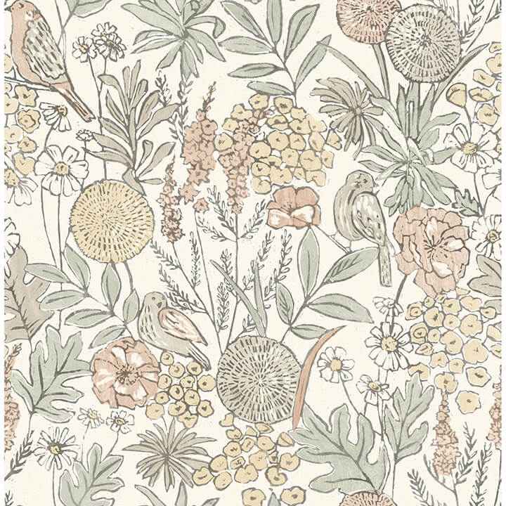 Goldfinch Peach Birds and Blooms Wallpaper - York Wallcoverings - 4148-27410
