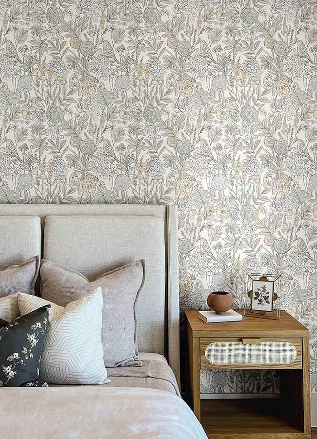 Goldfinch Neutral Birds and Blooms Wallpaper - York Wallcoverings - 4148-27411 - York Wallcoverings Wallpaper