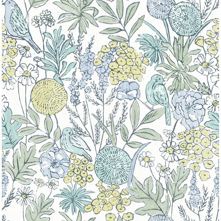 goldfinch-aqua-birds-and-blooms-wallpaper-york-wallcoverings-4148-27413 - York Wallcoverings Papel pintado