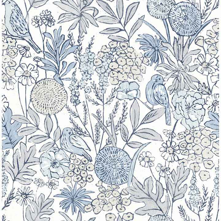 Goldfinch Blue Birds and Blooms Wallpaper - York Wallcoverings - 4148-27414