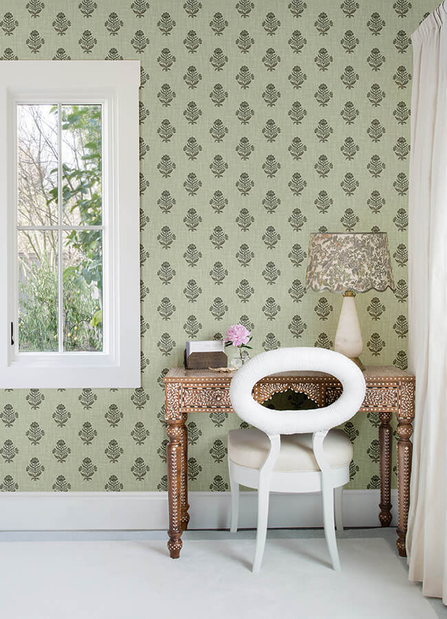 hollyhock-green-floral-crest-wallpaper-york-wallcoverings-4148-27419 - York Wallcoverings Wallpaper