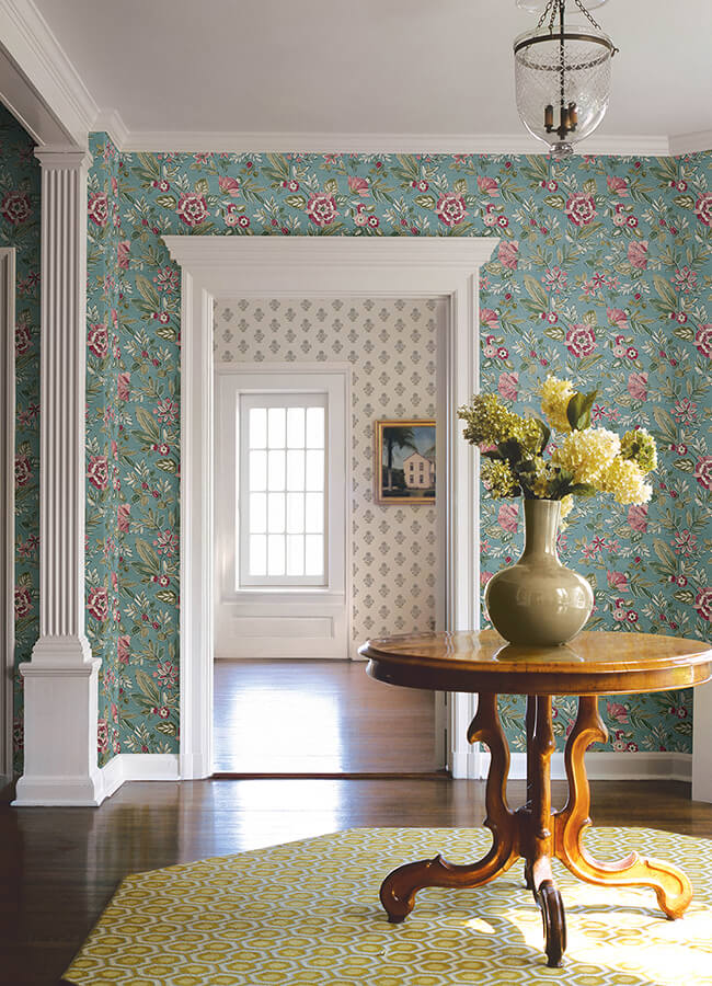 begonia-teal-floral-trail-wallpaper-york-wallcoverings-4148-27423 - York Wallcoverings Papel pintado