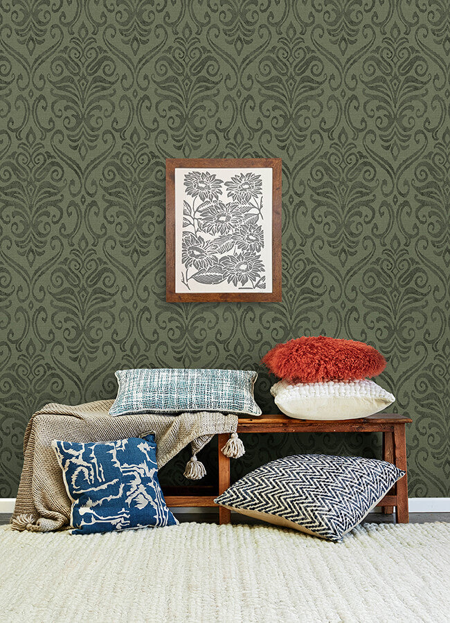 adavu-dark-green-damask-wallpaper-york-wallcoverings-4148-27440 - York Wallcoverings Papel pintado