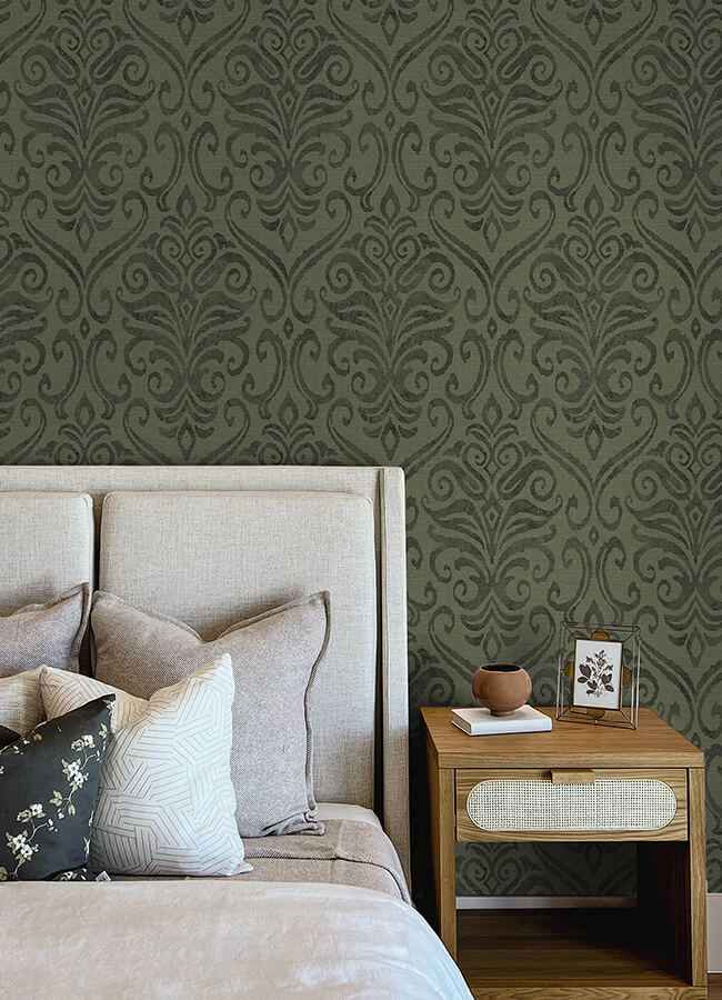 Adavu Dark Green Damask Wallpaper - York Wallcoverings - 4148-27440 - York Wallcoverings Wallpaper