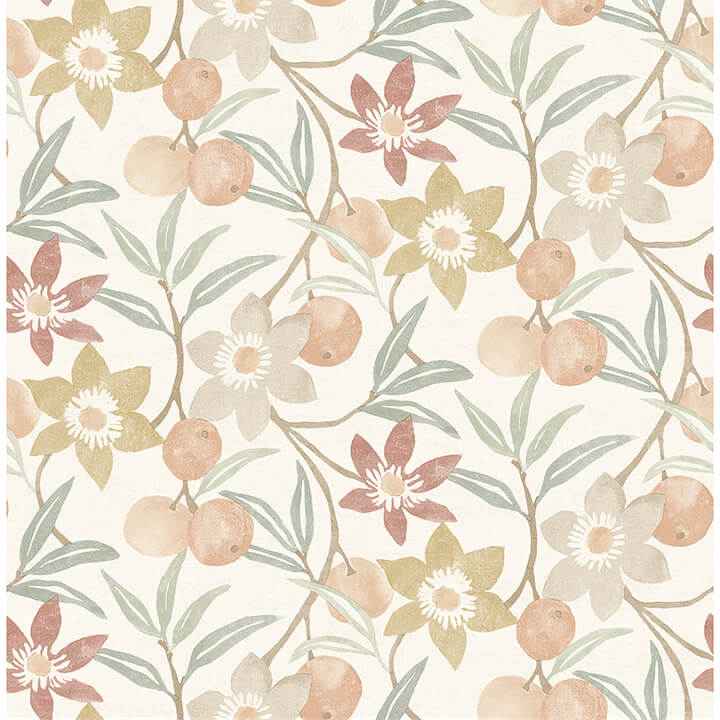 Passiflora Peach Fruit and Floral Wallpaper - York Wallcoverings - 4148-27447