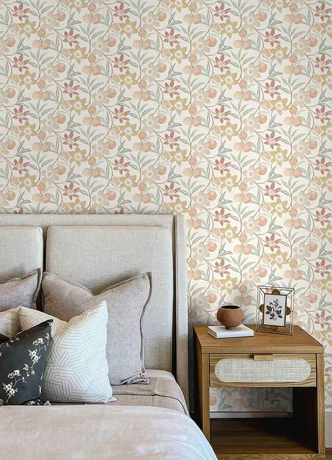 Passiflora Peach Fruit and Floral Wallpaper - York Wallcoverings - 4148-27447 - York Wallcoverings Wallpaper