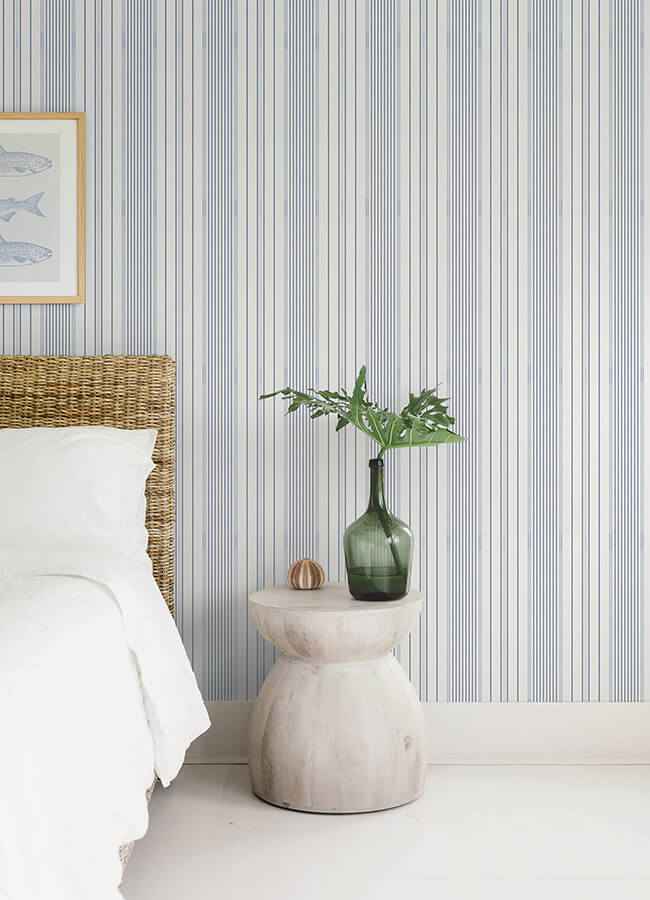Navarres Stripe Blue Faux Linen Wallpaper - York Wallcoverings - 4172-27484