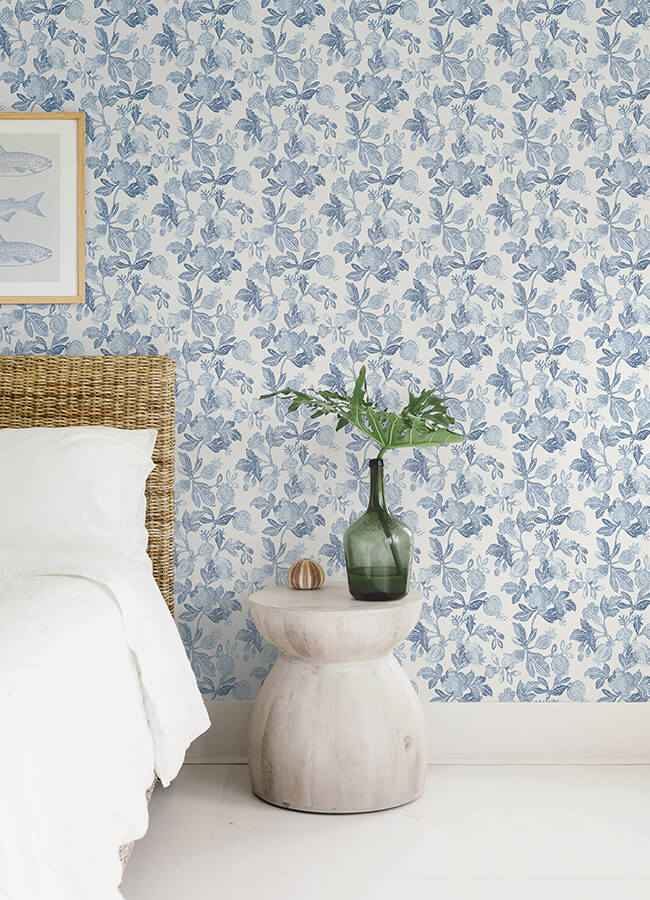 Beach Rose Blue Floral Fruits Wallpaper - York Wallcoverings - 4172-27492