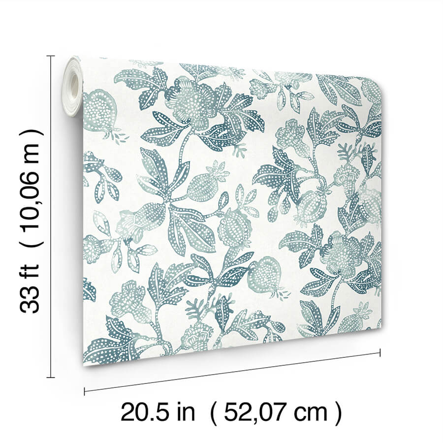 beach-rose-teal-floral-fruits-wallpaper-york-wallcoverings-4172-27494 - York Wallcoverings Wallpaper