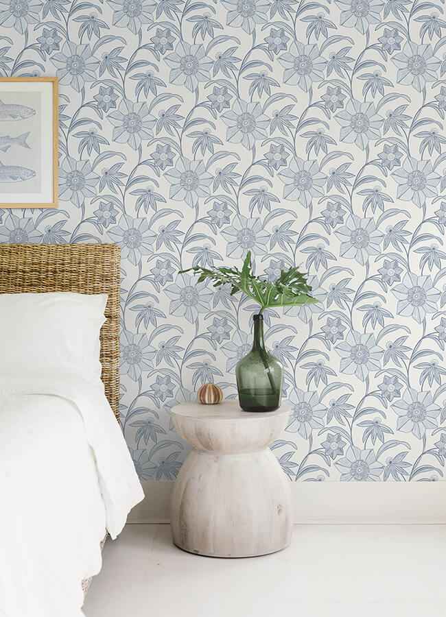 Star Flower Blue Floral Trail Wallpaper - York Wallcoverings - 4172-27512
