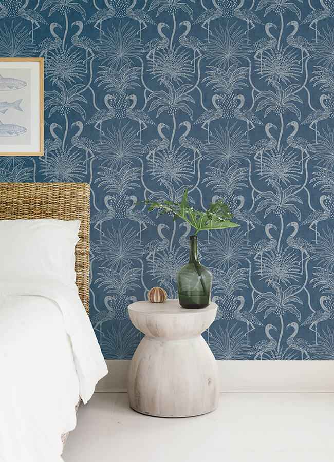 Biscayne Navy Flamingo Beach Wallpaper - York Wallcoverings - 4172-82006