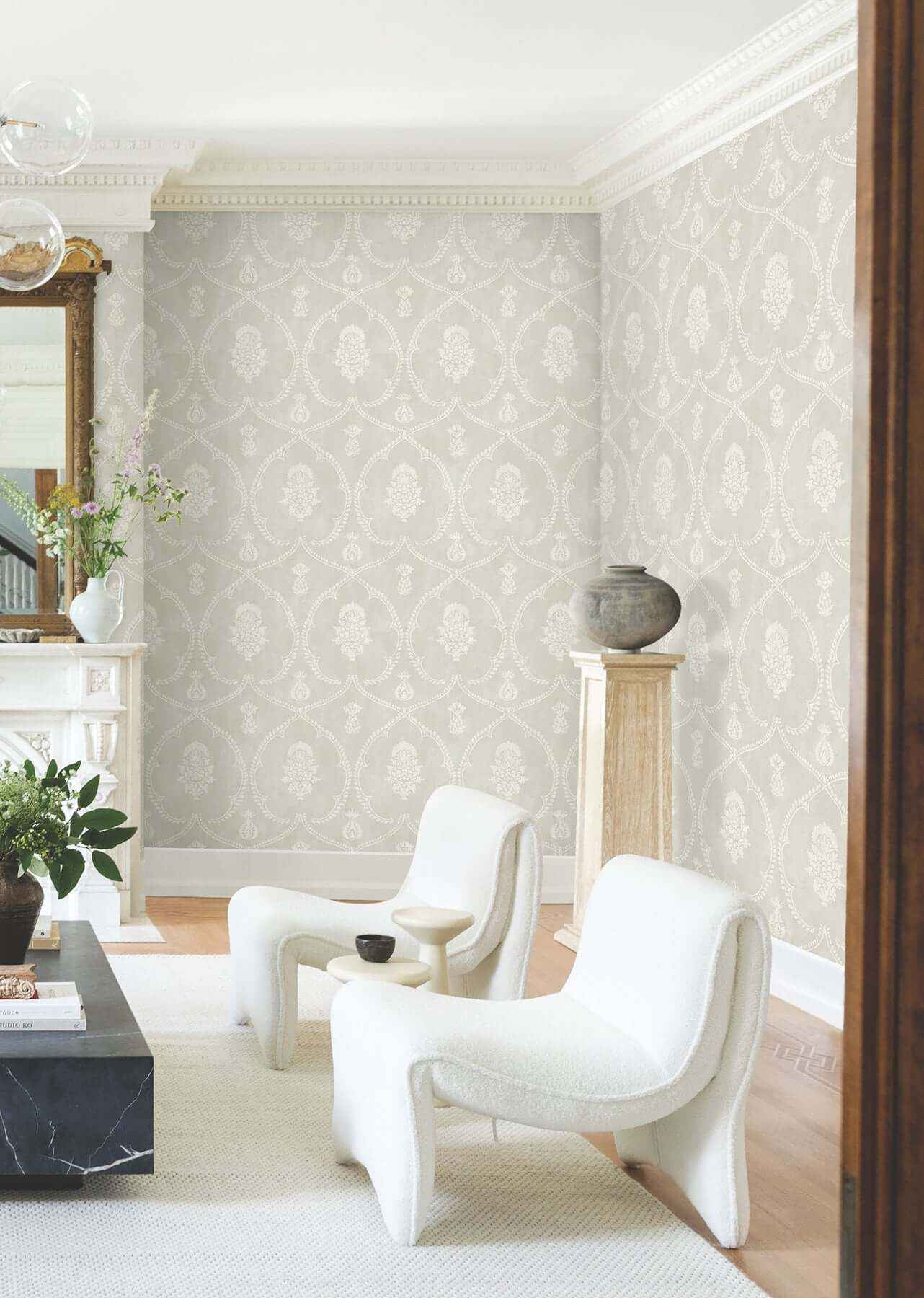 Royal Damask Soft Grey Wallpaper - York Wallcoverings - MX9642