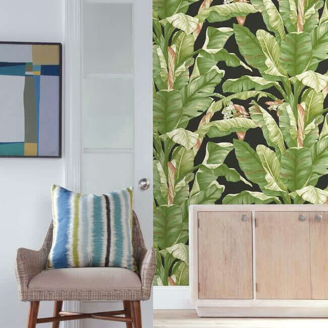 banana-leaf-black-green-peel-stick-wallpaper-york-wallcoverings-psw1035rl - York Wallpaper Wallpaper