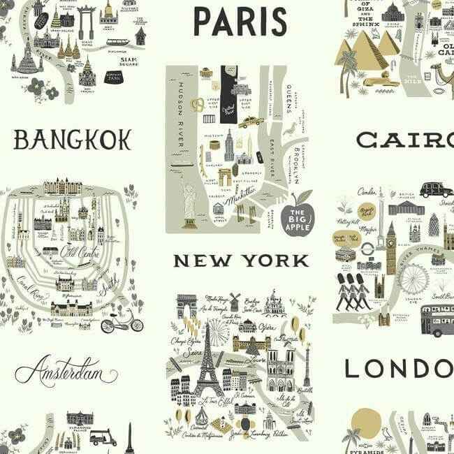 City Maps Grey & Gold Wallpaper - York Wallcoverings - RI5161