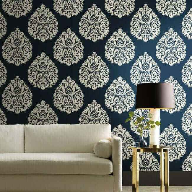 Teardrop Damask Navy Wallpaper - York Wallcoverings - KT2143