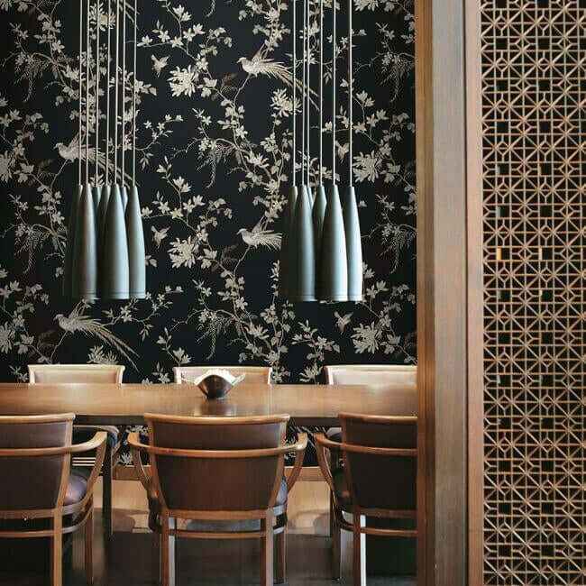 Bird & Blossom Chinoserie Black Wallpaper - York Wallcoverings - KT2173