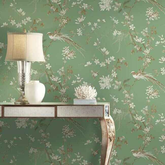 Bird & Blossom Chinoserie Green Wallpaper - York Wallcoverings - KT2175 - York Wallcoverings Wallpaper