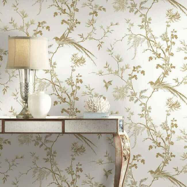 Bird & Blossom Chinoserie White & Gold Wallpaper - York Wallcoverings - KT2174