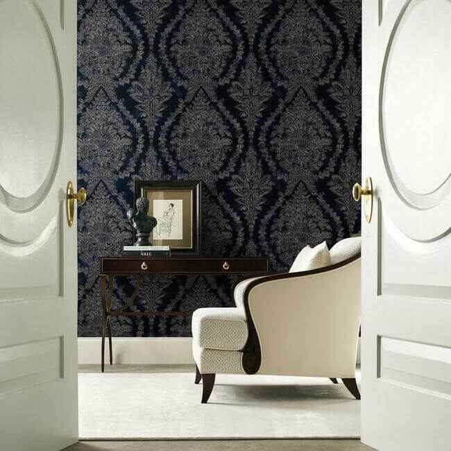 Charleston Damask Navy Wallpaper - York Wallcoverings - KT2215