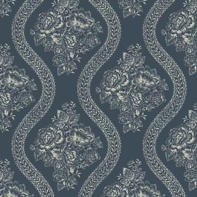 Coverlet Floral Grey & Blue Wallpaper - York Wallcoverings - MH1603 - York Wallcoverings Wallpaper