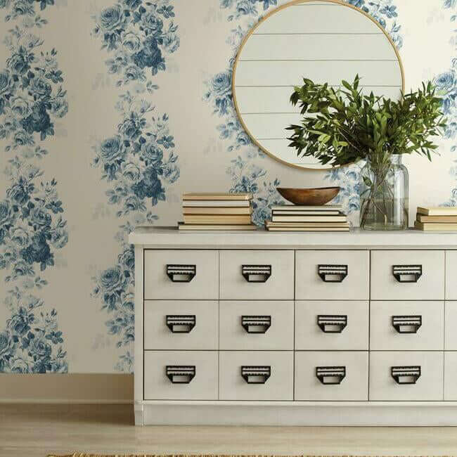 tea-rose-wallpaper-blue-york-wallcoverings-me1531 - York Wallcoverings Wallpaper