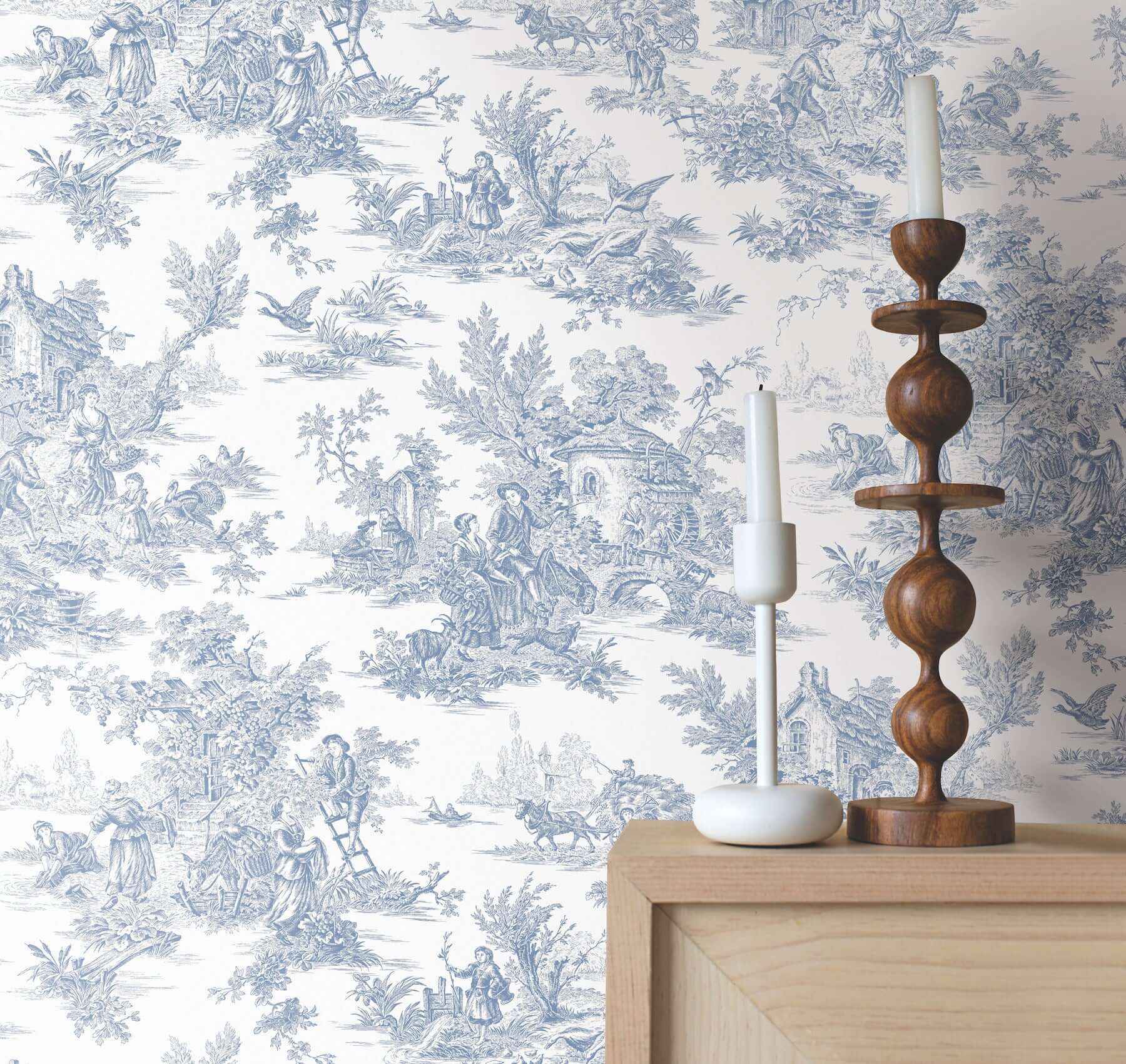 Campagne Toile Blue & White Wallpaper - York Wallcoverings - AT4229