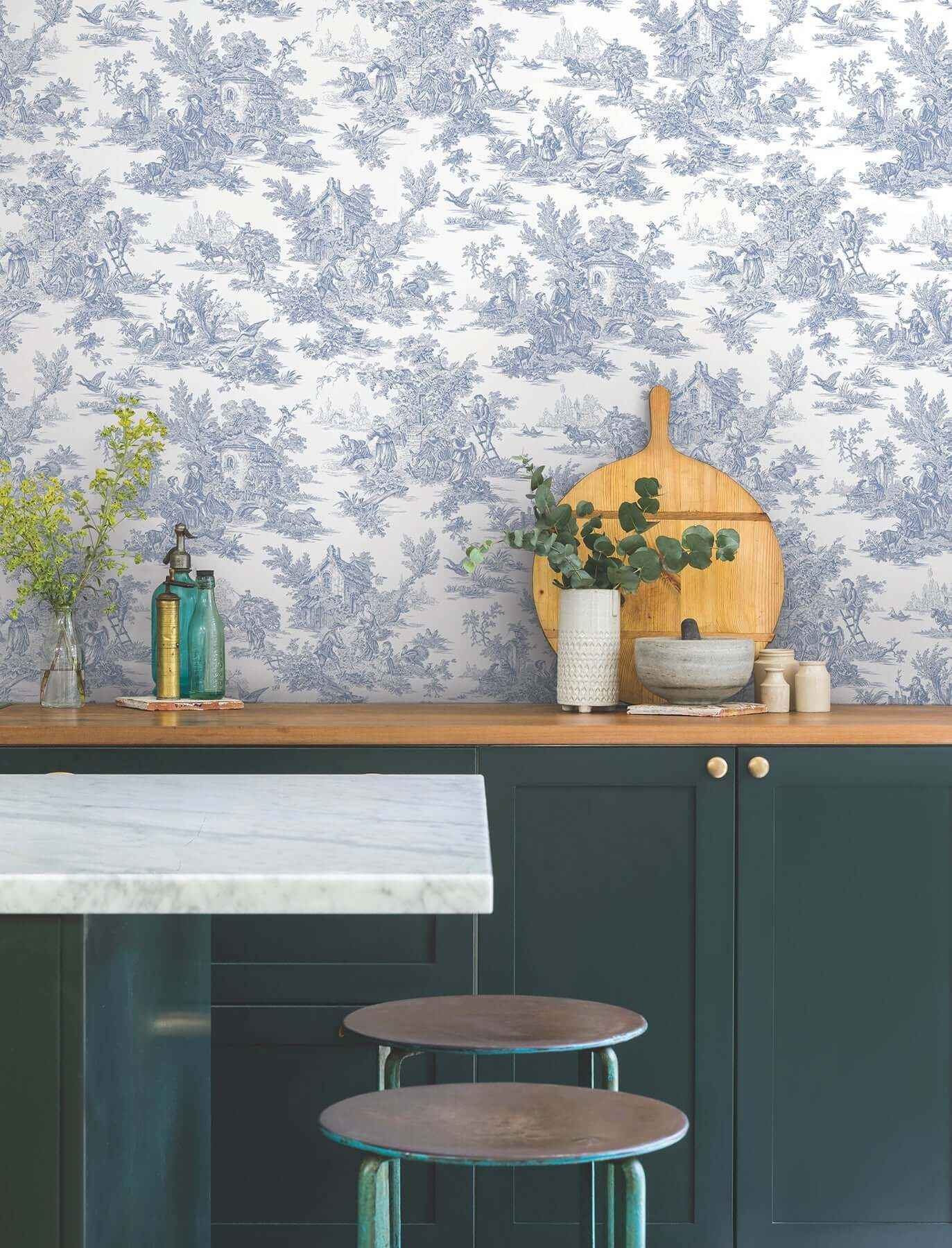 Campagne Toile Blue & White Wallpaper - York Wallcoverings - AT4229 - York Wallcoverings Wallpaper